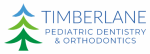 Logo for Timberlane Pediatric Dentistry & Orthodontics features a stylized tree with blue and green levels, set against a dark background.