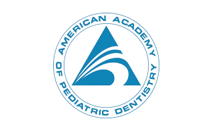 The image shows the logo of the American Academy of Pediatric Dentistry, featuring a blue triangular design with stylized waves on a black background.