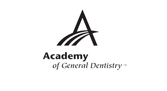 Logo for the Academy of General Dentistry on a black background, featuring a stylized "A" with curved lines underneath.